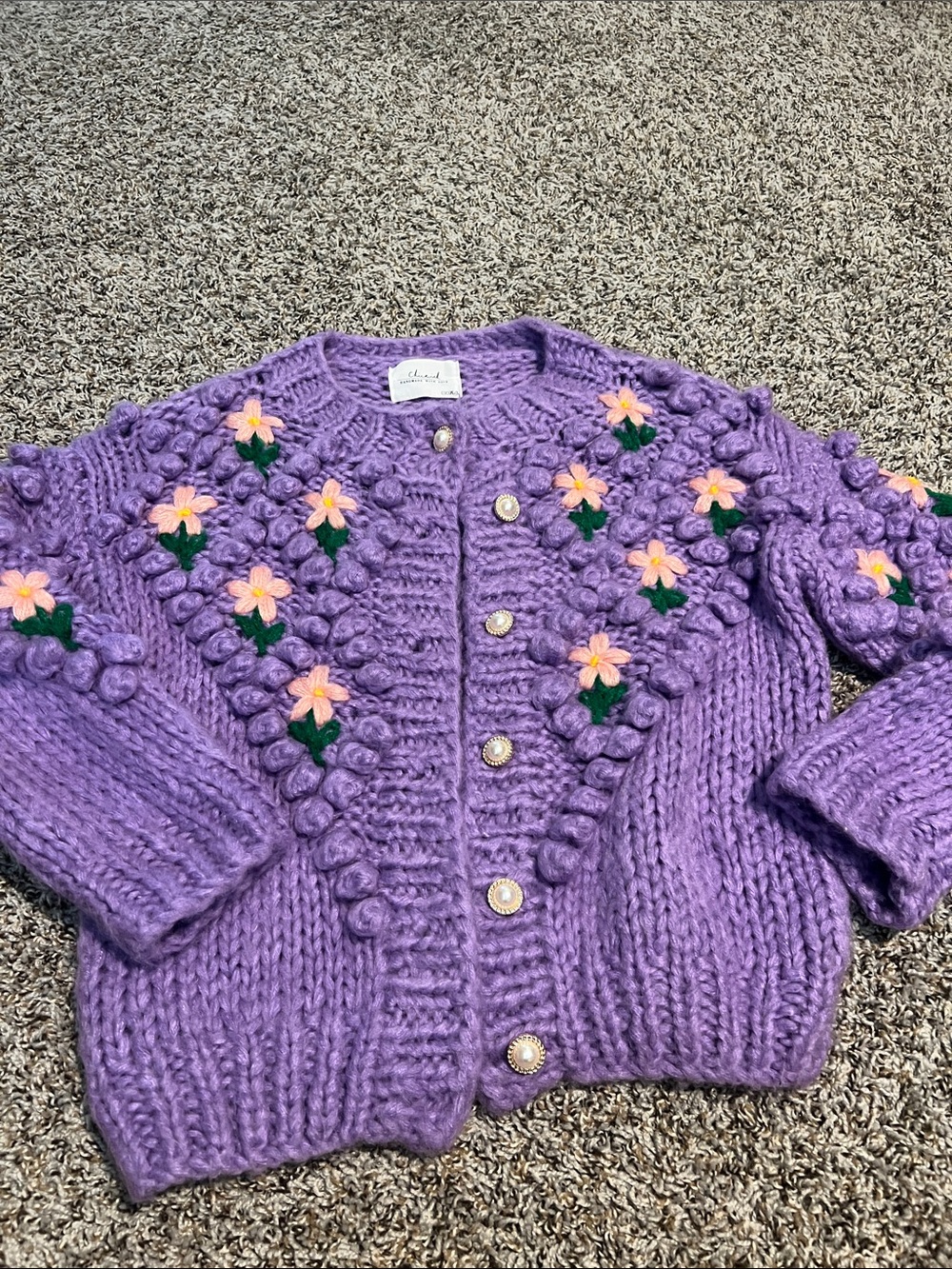 Hand-Knit Purple Floral Womens Cardigan Jacket - Charming Button Front